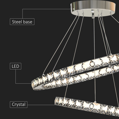 HOMCOM Modern LED Chandelier with 2 Crystal Rings, Dimmable Pendent Ceiling Light Cool Warm White with Adjustable Cable Remote Controller, Silver