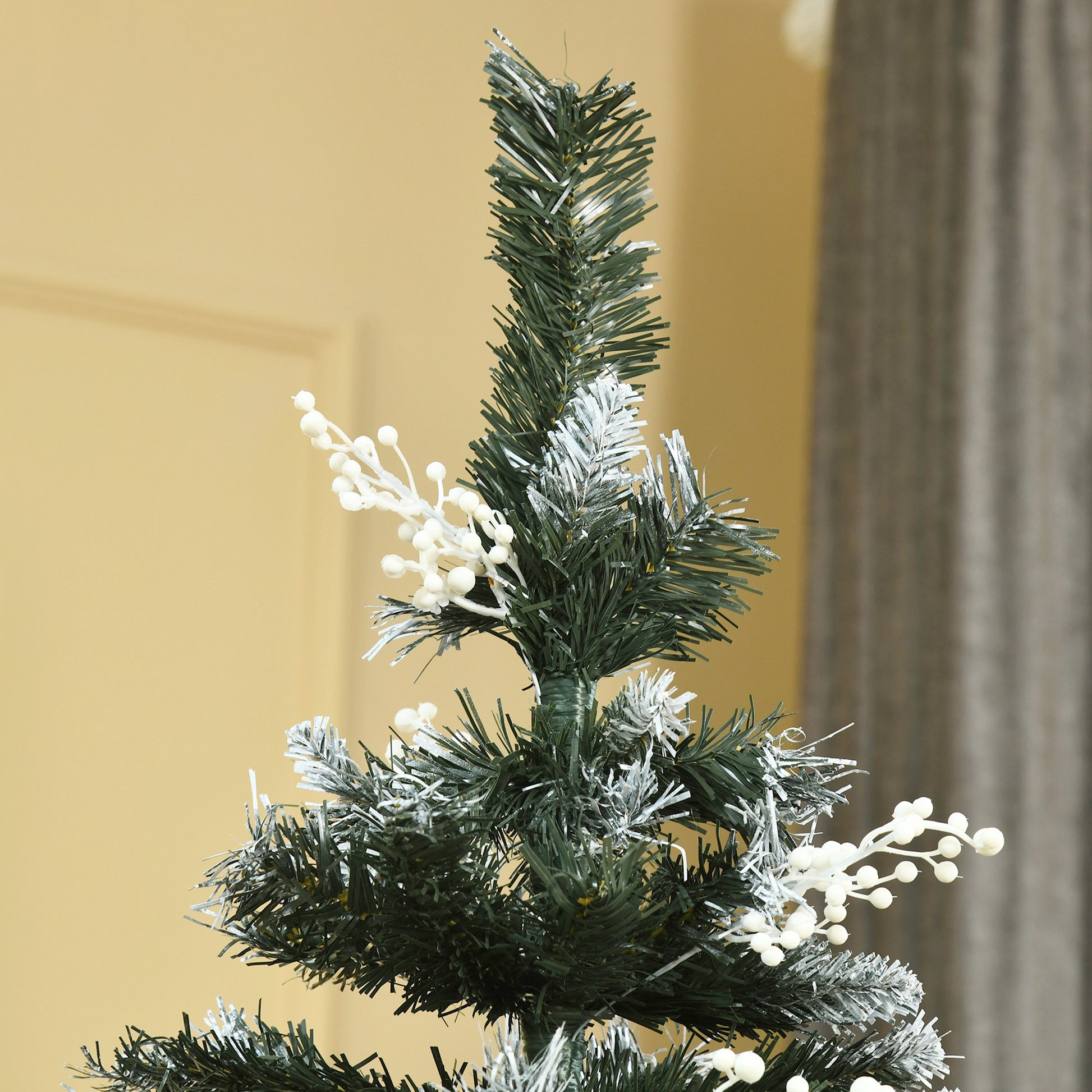 HOMCOM 6FT Artificial Snow Dipped Christmas Tree Xmas Pencil Tree Holiday Home Indoor Decoration with Foldable Feet White Berries Dark Green