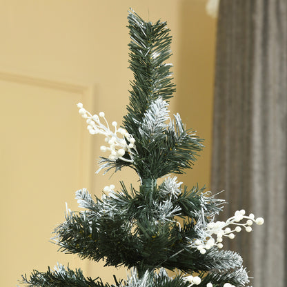 HOMCOM 6FT Artificial Snow Dipped Christmas Tree Xmas Pencil Tree Holiday Home Indoor Decoration with Foldable Feet White Berries Dark Green