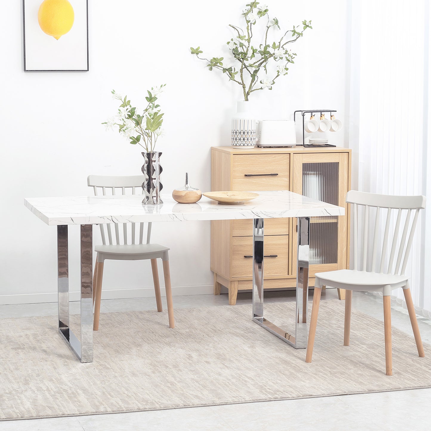 HOMCOM Modern Dining Room Table Rectangular Kitchen Table for 6-8 People with Marble Effect Tabletop Steel Legs 155 cm White