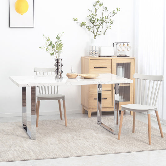 HOMCOM Modern Dining Room Table Rectangular Kitchen Table for 6-8 People with Marble Effect Tabletop Steel Legs 155 cm White