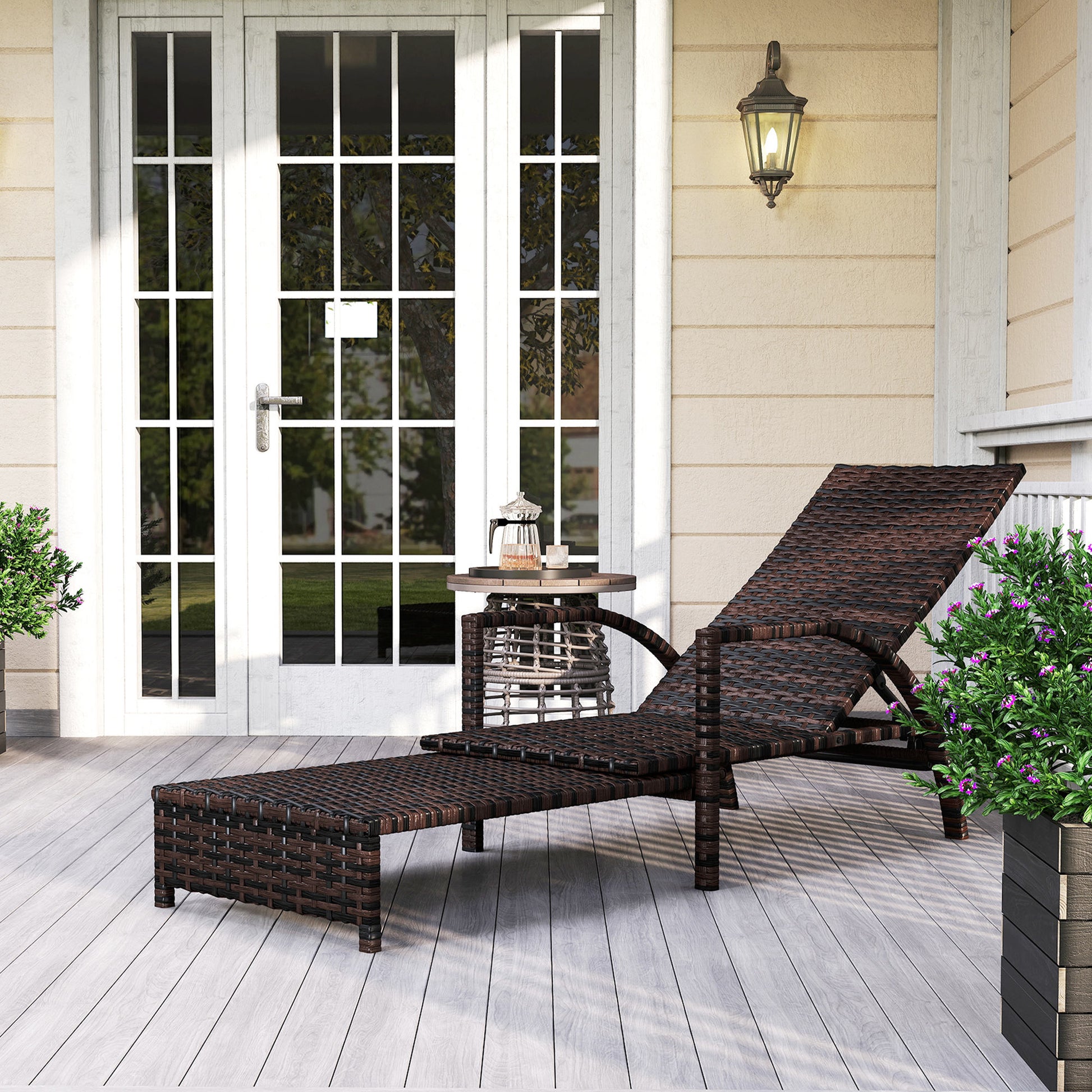 Outsunny Reclining Rattan Lounger, with Extending Footrest - Brown