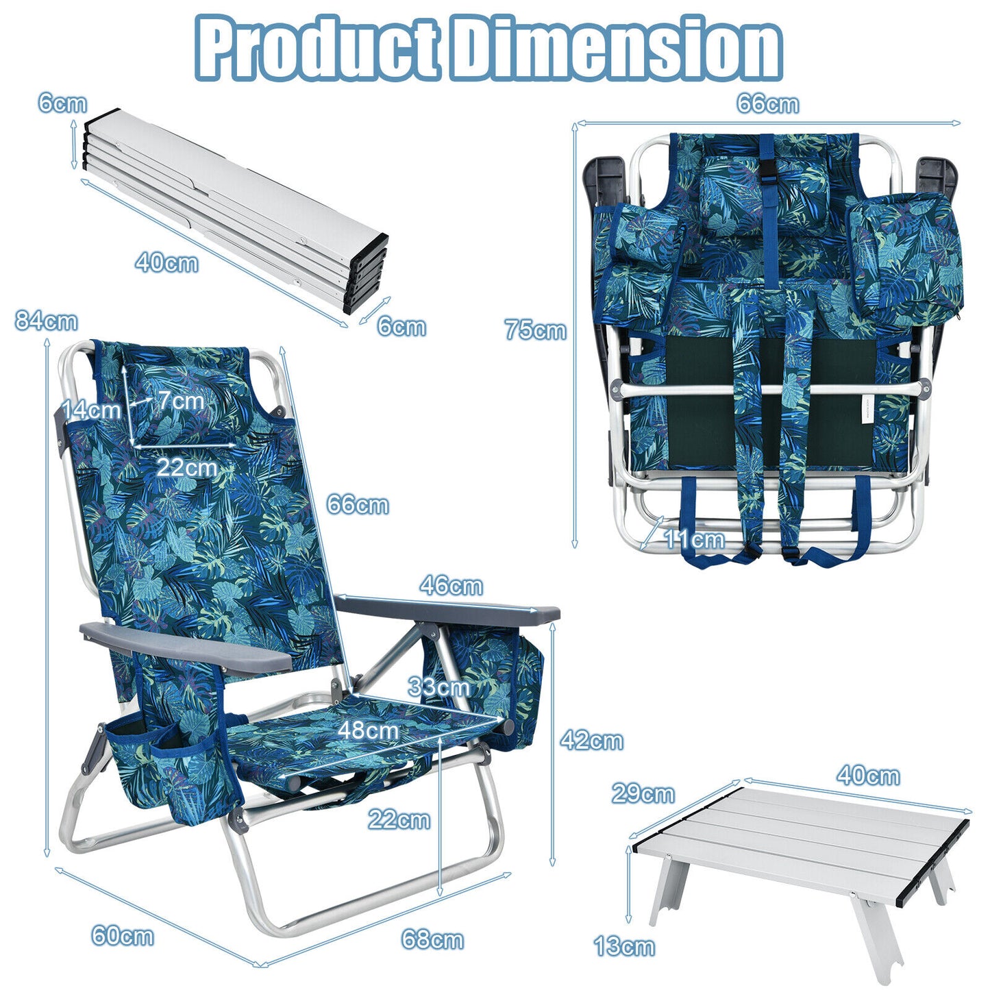 2 Packs 5-Position Outdoor Folding Backpack Beach Table and  Reclining Chair Set-Multicolor