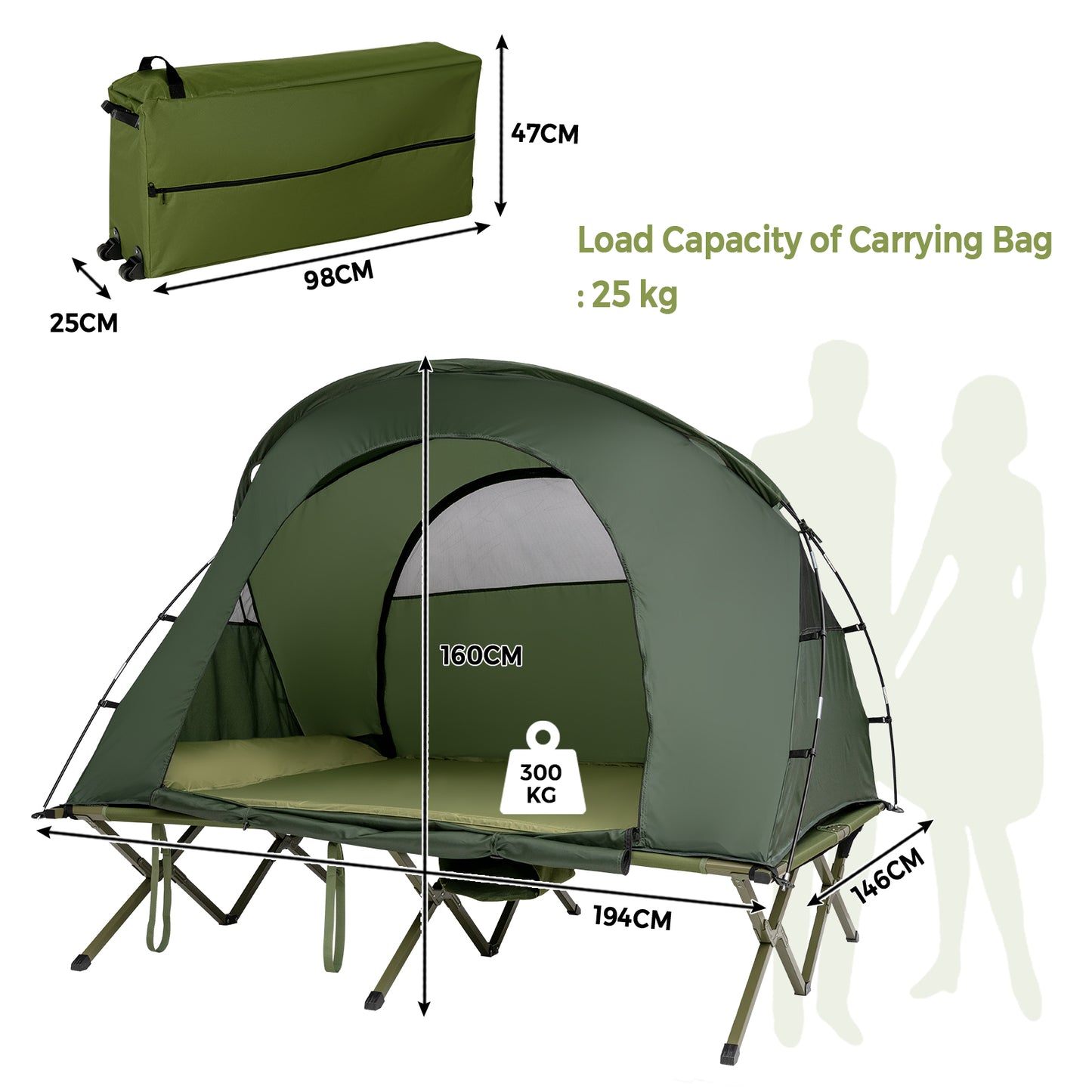 2 Person Foldable Camping Tent with Self-Inflating Mattress and Cover-Green