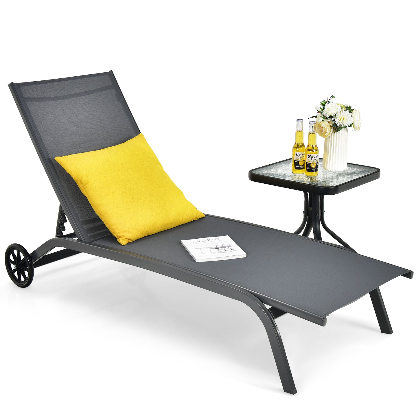 Adjustable Chaise Lounge with Smooth Wheels and Quick-drying Fabric-Grey