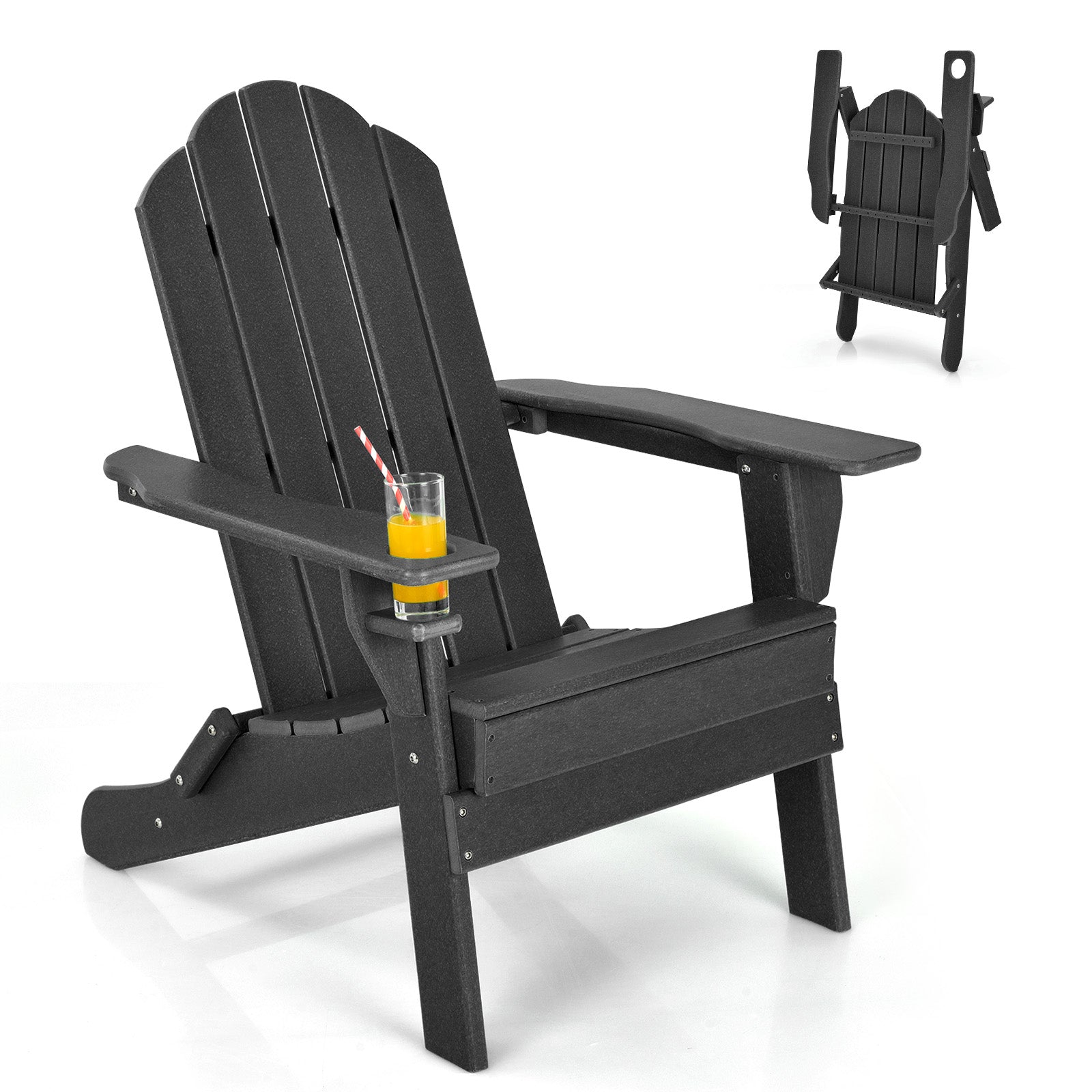 Folding Garden Adirondack Chair with Built-in Cup Holder-Black