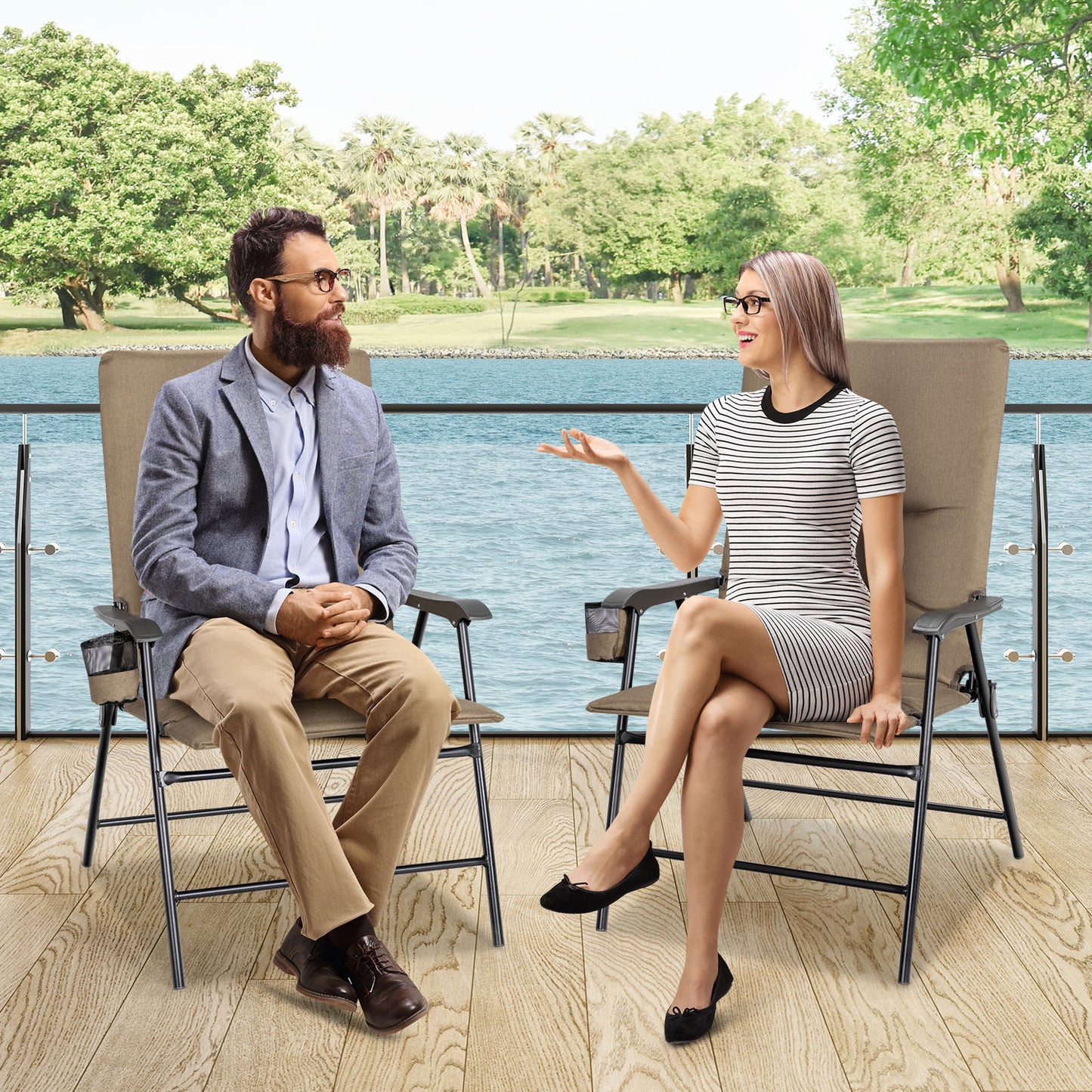 Set of 2 Padded Folding Chair with Cup Holder for Beach Lawn Yard -Brown