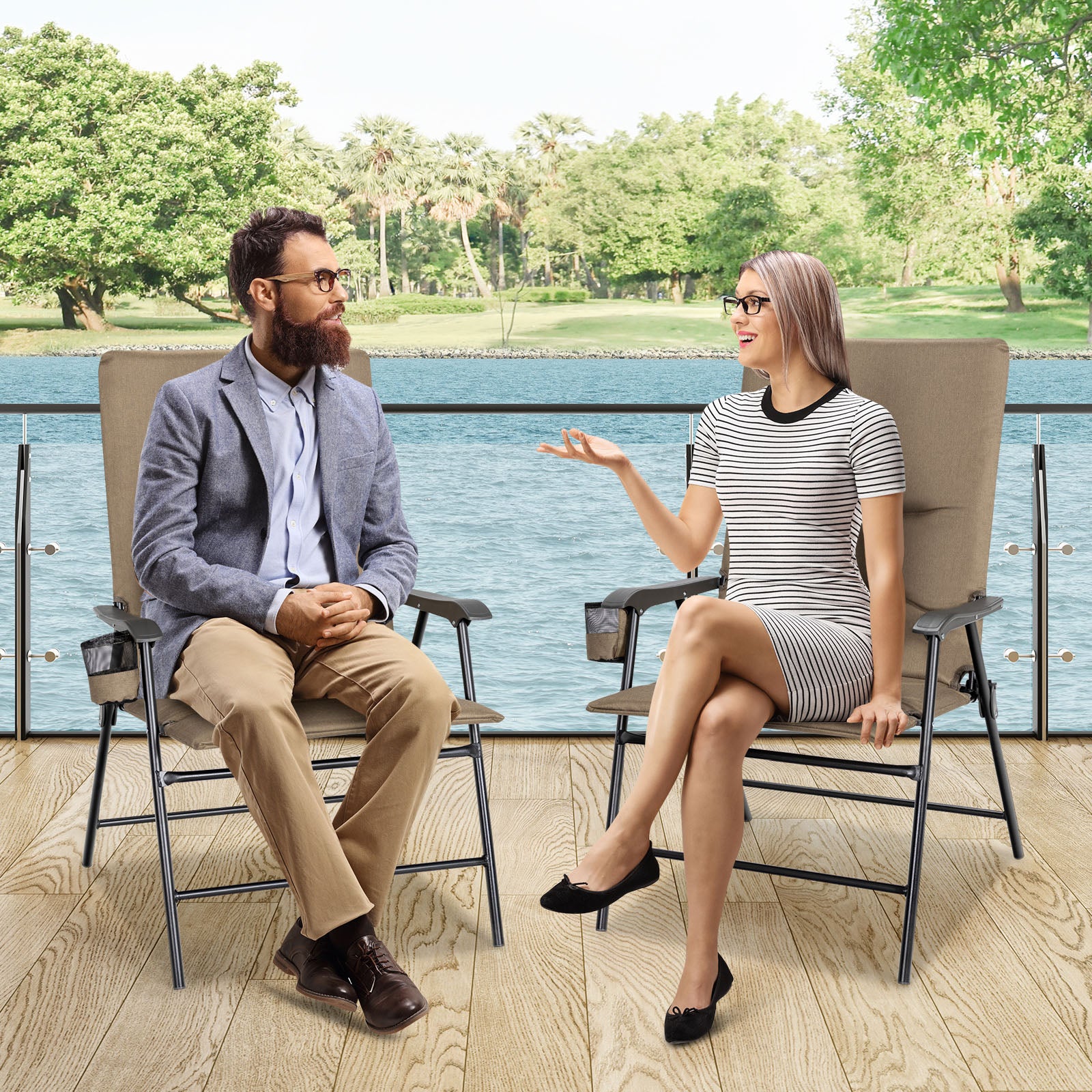 Set of 2 Padded Folding Chair with Cup Holder for Beach Lawn Yard -Brown