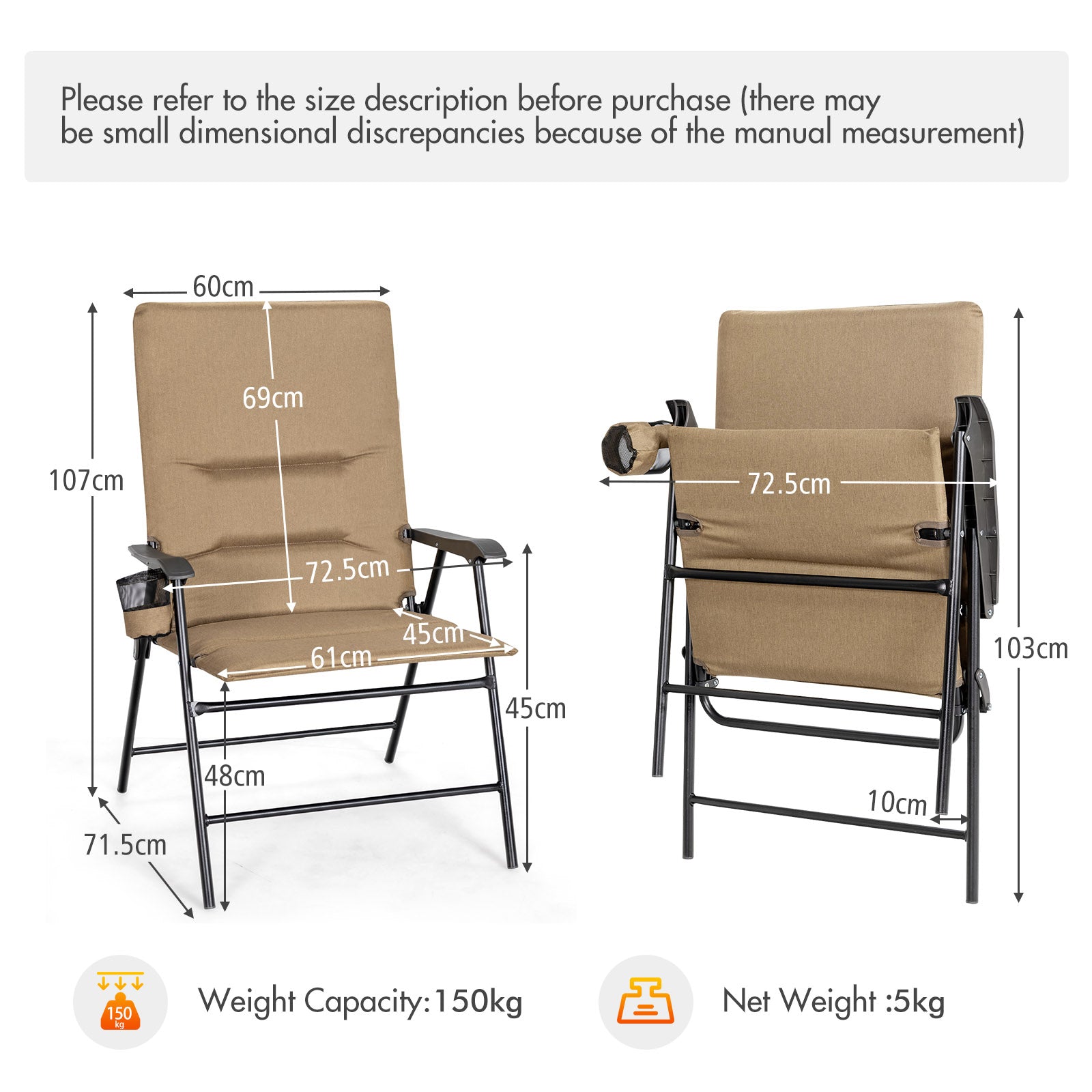 Set of 2 Padded Folding Chair with Cup Holder for Beach Lawn Yard -Brown