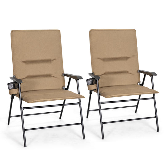 Set of 2 Padded Folding Chair with Cup Holder for Beach Lawn Yard -Brown