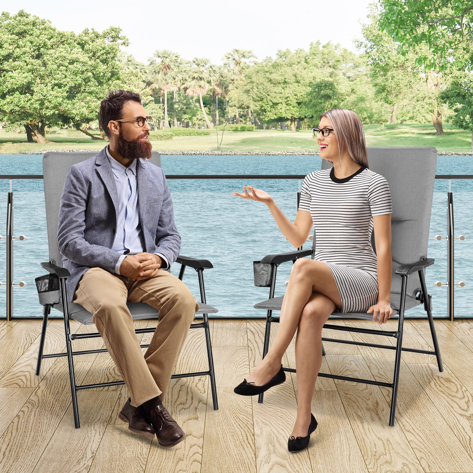 Set of 2 Padded Folding Chair with Cup Holder for Beach Lawn Yard -Grey