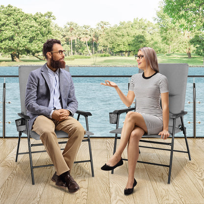 Set of 2 Padded Folding Chair with Cup Holder for Beach Lawn Yard -Grey