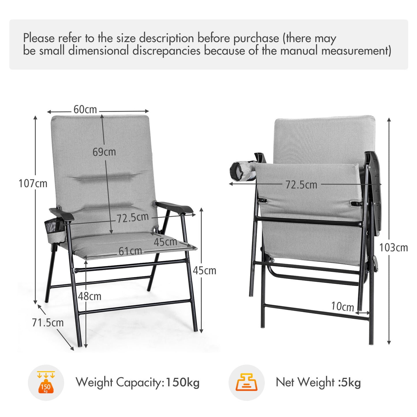 Set of 2 Padded Folding Chair with Cup Holder for Beach Lawn Yard -Grey