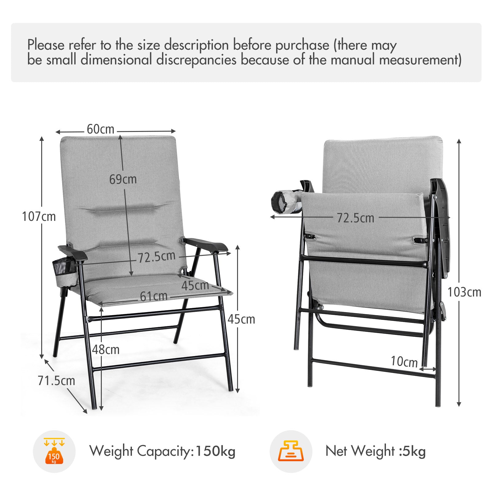 Set of 2 Padded Folding Chair with Cup Holder for Beach Lawn Yard -Grey