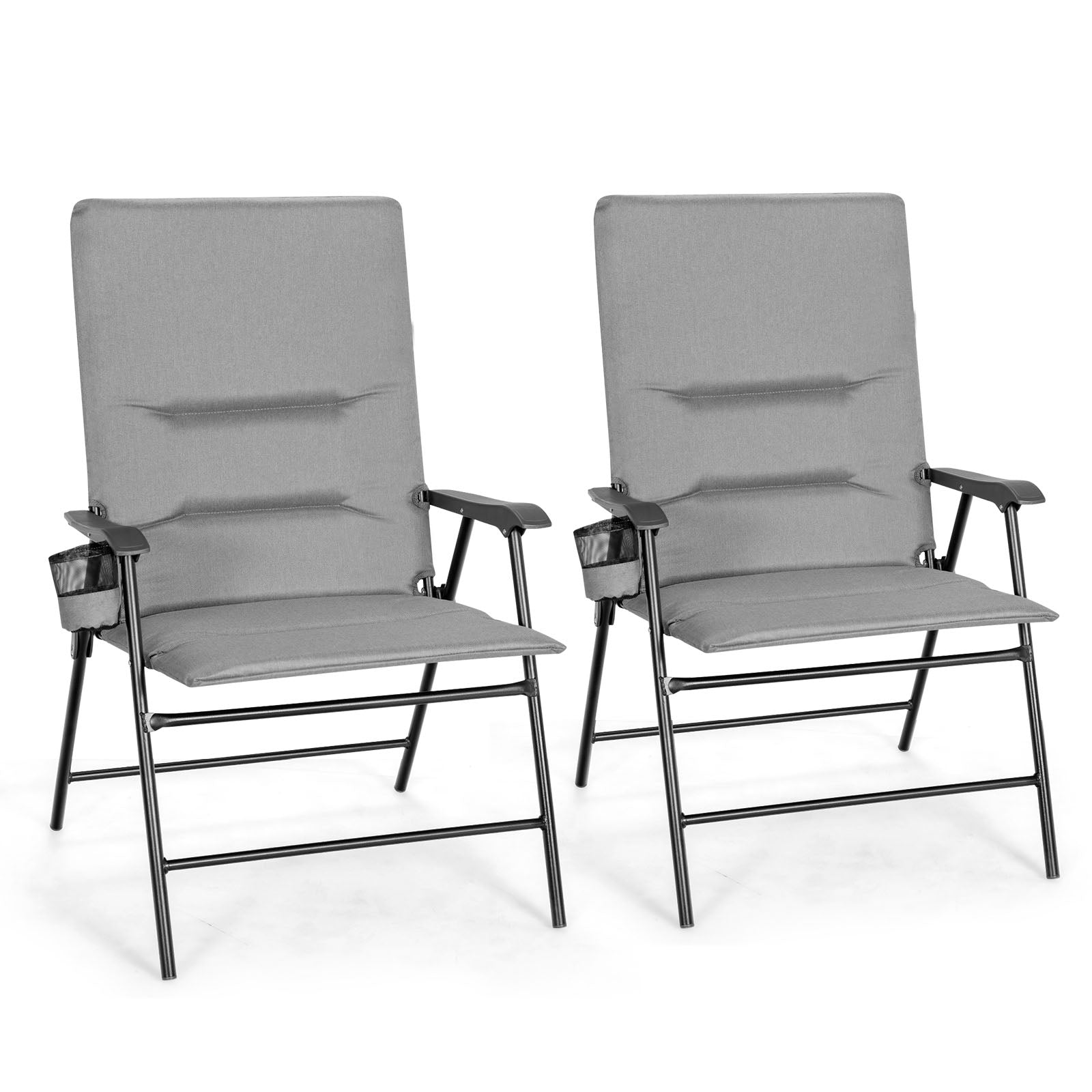 Set of 2 Padded Folding Chair with Cup Holder for Beach Lawn Yard -Grey