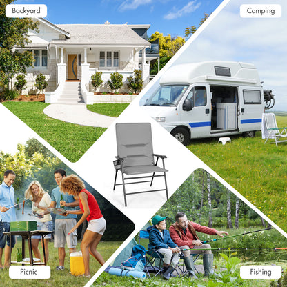 Set of 2 Padded Folding Chair with Cup Holder for Beach Lawn Yard -Grey