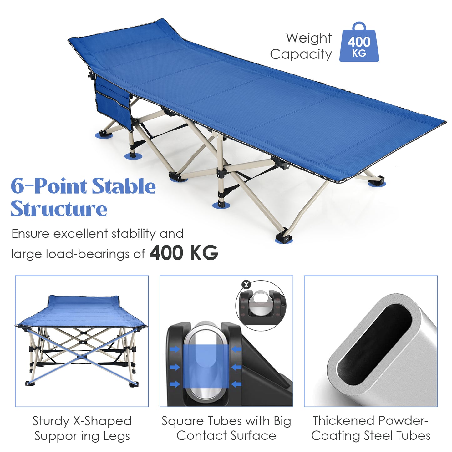 Portable Oversized Folding Camping Bed with Carry Bag fireplace for Travel-Blue