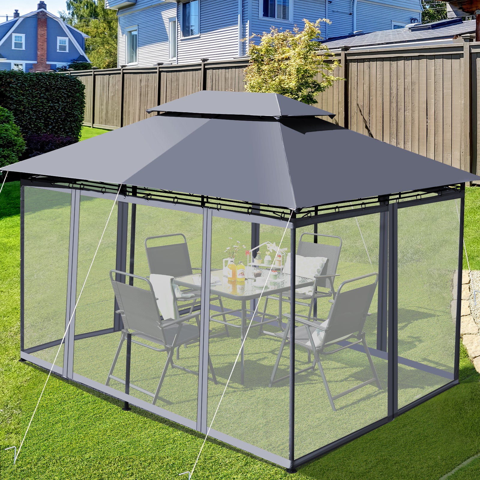 Garden Gazebo with Removable Mesh Side Walls for Patio Backyard -Grey