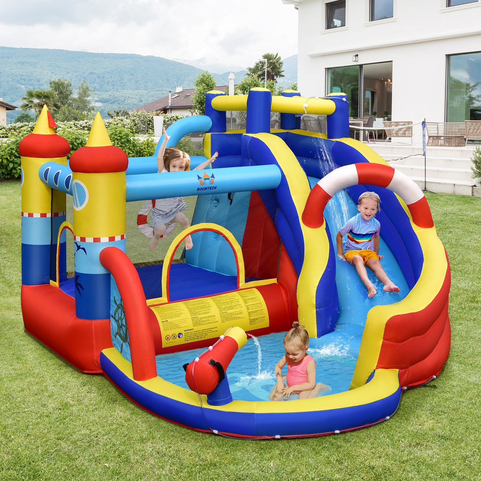 Inflatable Bounce Castle 6-in-1 Water Park with Curved Slide