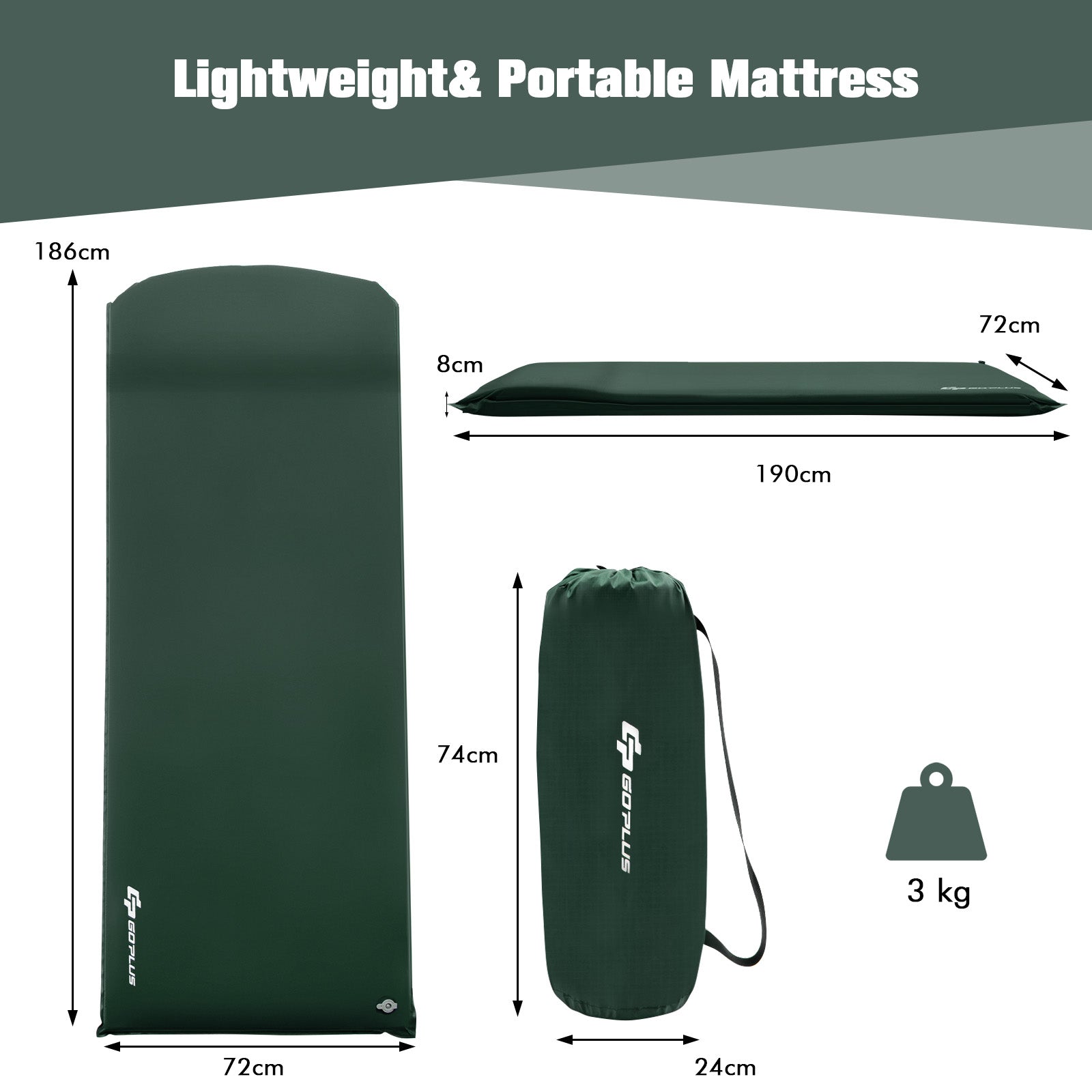 Self Inflating Waterproof Camping Mat with Built-in Valve and Carry Bag-Green