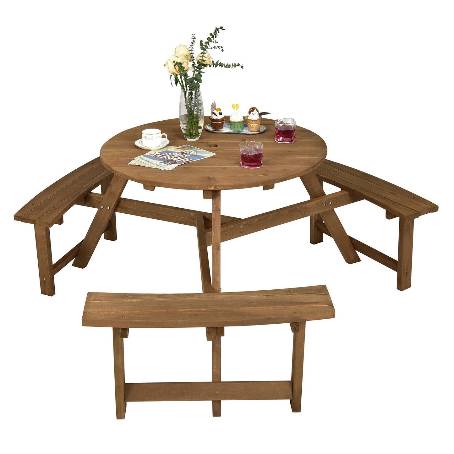 6-person Round Wooden Picnic Table for Patio with Umbrella Hole-Dark Brown