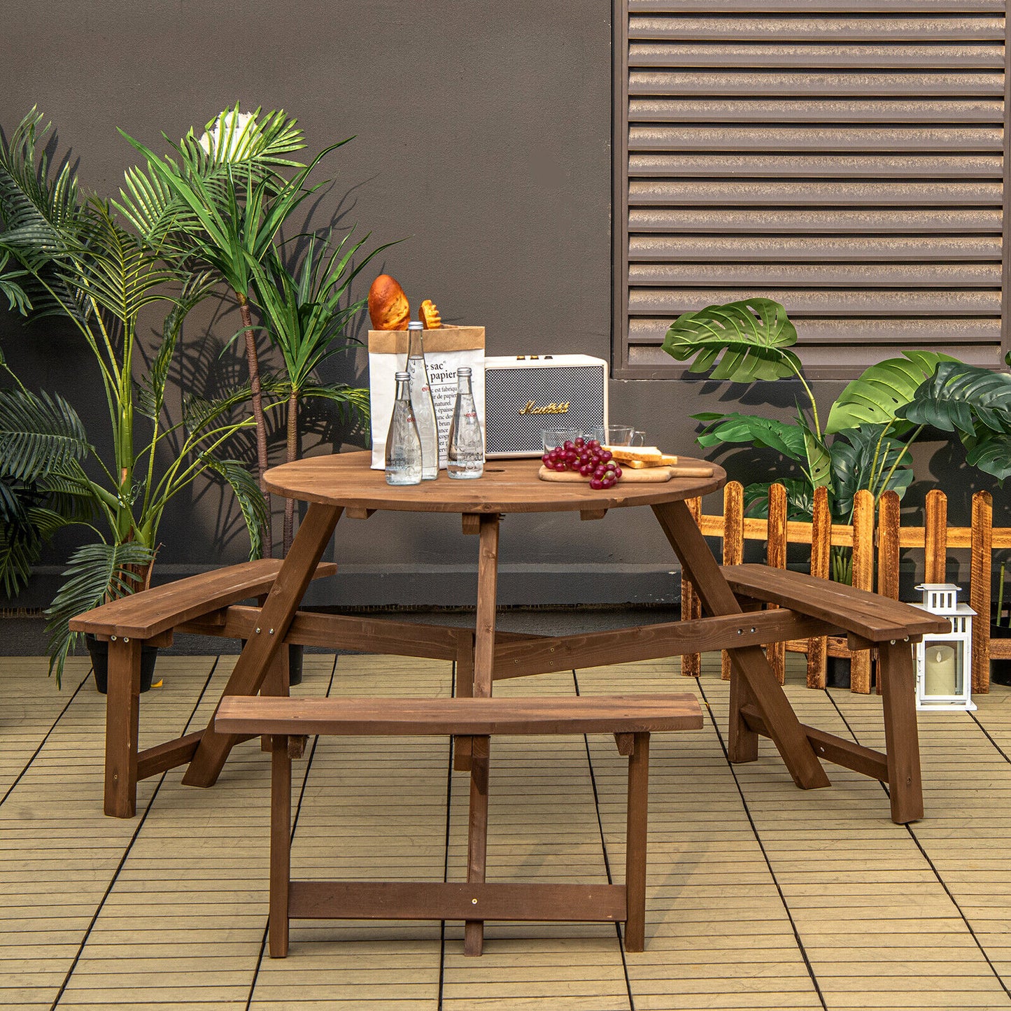 6-person Round Wooden Picnic Table for Patio with Umbrella Hole-Dark Brown