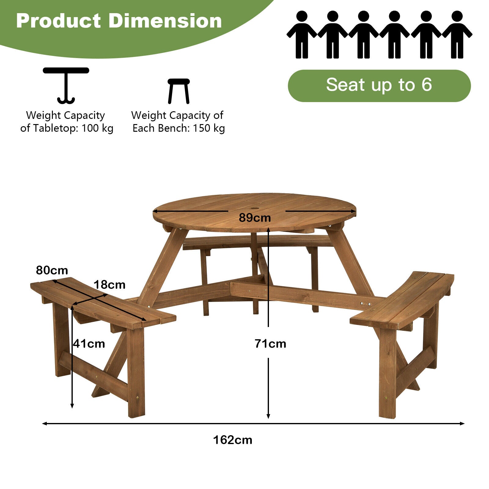 6-person Round Wooden Picnic Table for Patio with Umbrella Hole-Dark Brown