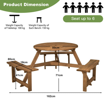 6-person Round Wooden Picnic Table for Patio with Umbrella Hole-Dark Brown