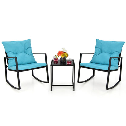 3 Pieces Rocking Chair and Glass Coffee Table Set-Blue