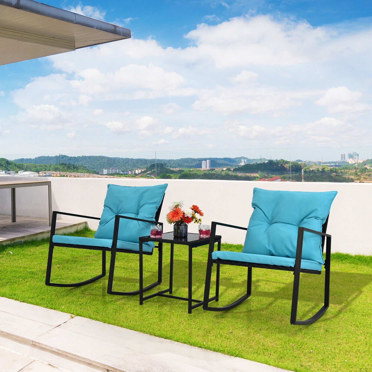 3 Pieces Rocking Chair and Glass Coffee Table Set-Blue