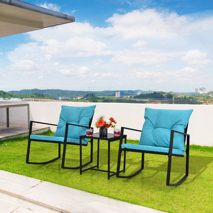 3 Pieces Rocking Chair and Glass Coffee Table Set-Blue
