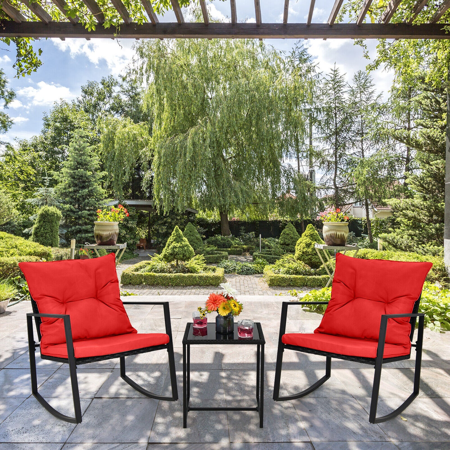 3 Pieces Rocking Chair and Glass Coffee Table Set-Red