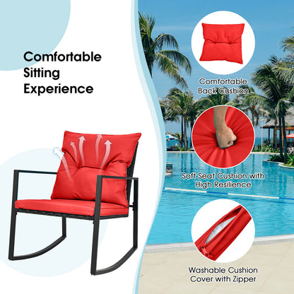 3 Pieces Rocking Chair and Glass Coffee Table Set-Red