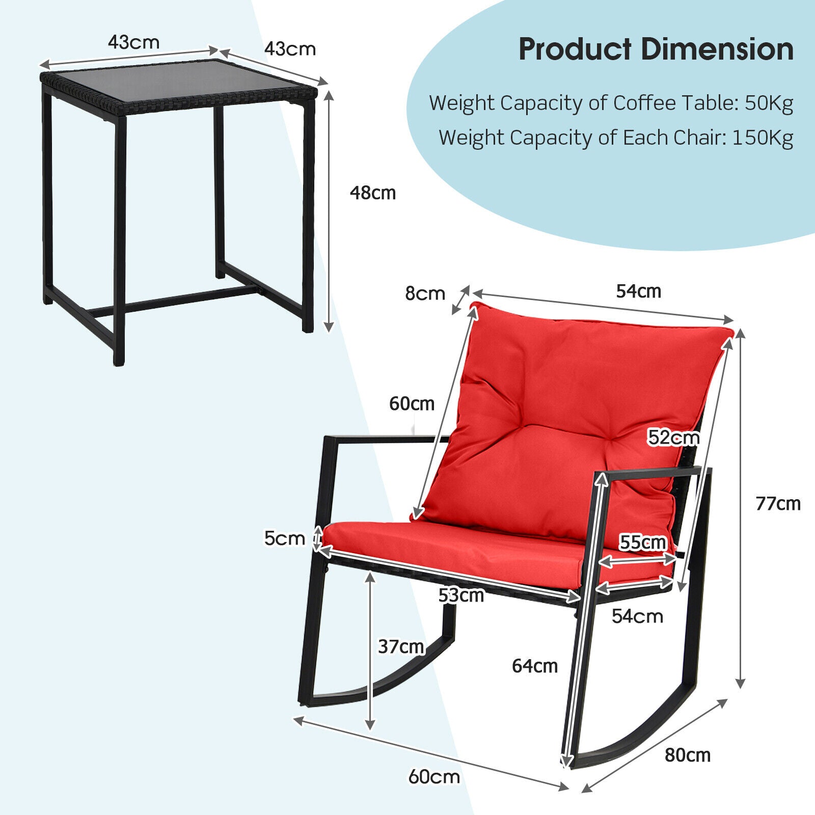3 Pieces Rocking Chair and Glass Coffee Table Set-Red