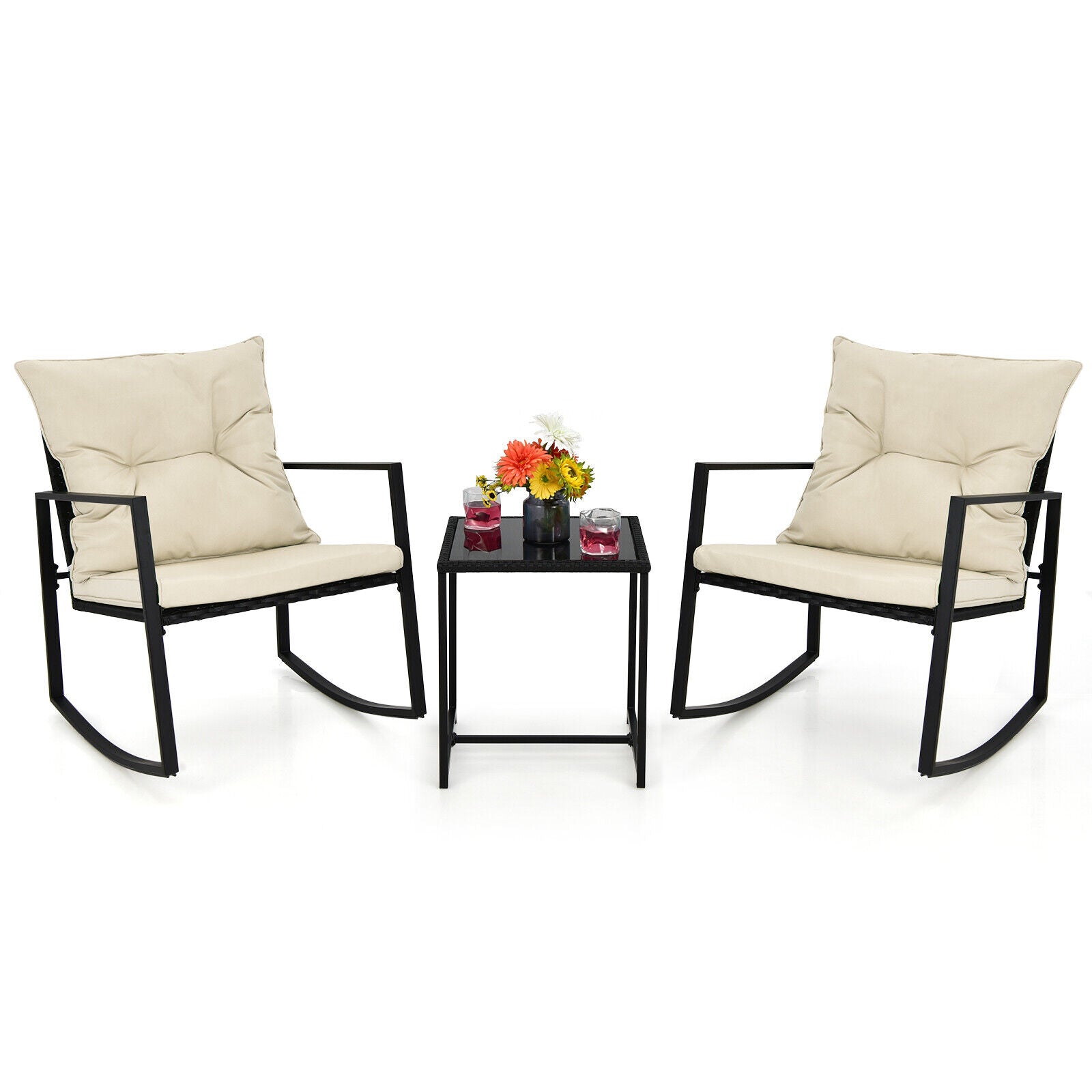 3 Pieces Rocking Chair and Glass Coffee Table Set-Beige