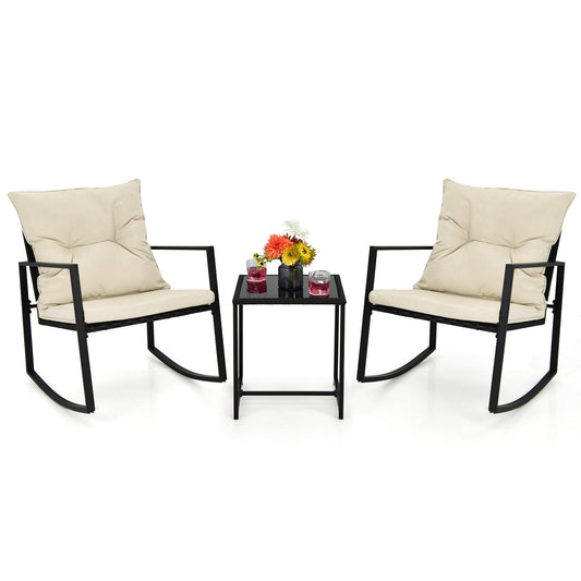 3 Pieces Rocking Chair and Glass Coffee Table Set-Beige