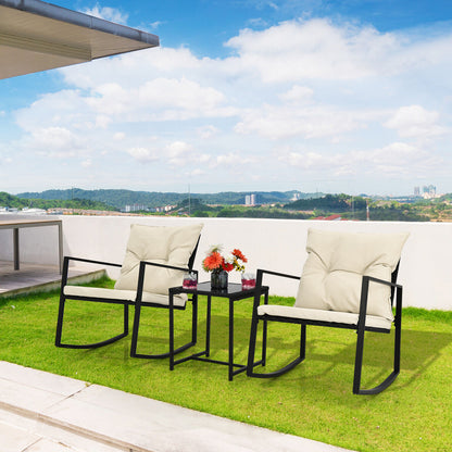 3 Pieces Rocking Chair and Glass Coffee Table Set-Beige