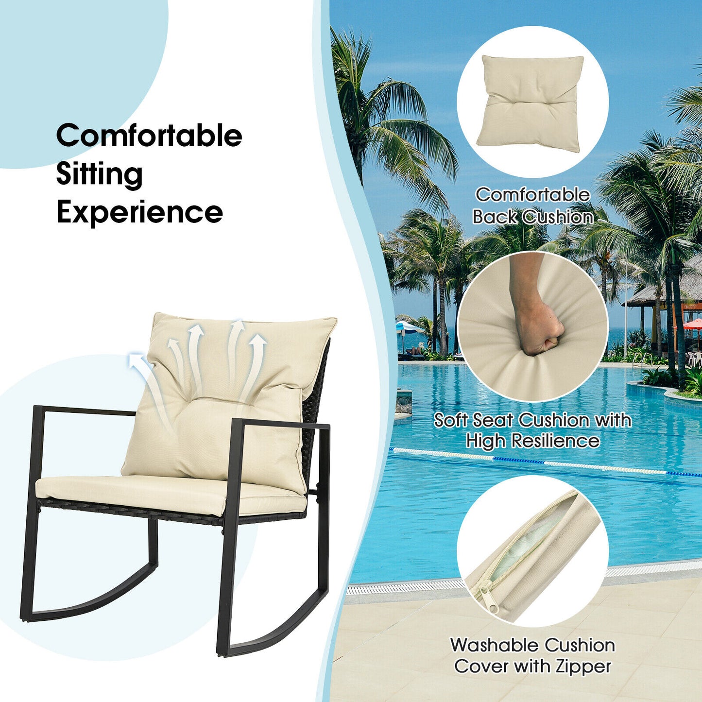 3 Pieces Rocking Chair and Glass Coffee Table Set-Beige