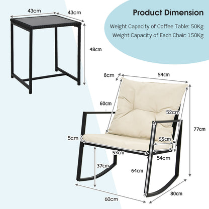 3 Pieces Rocking Chair and Glass Coffee Table Set-Beige