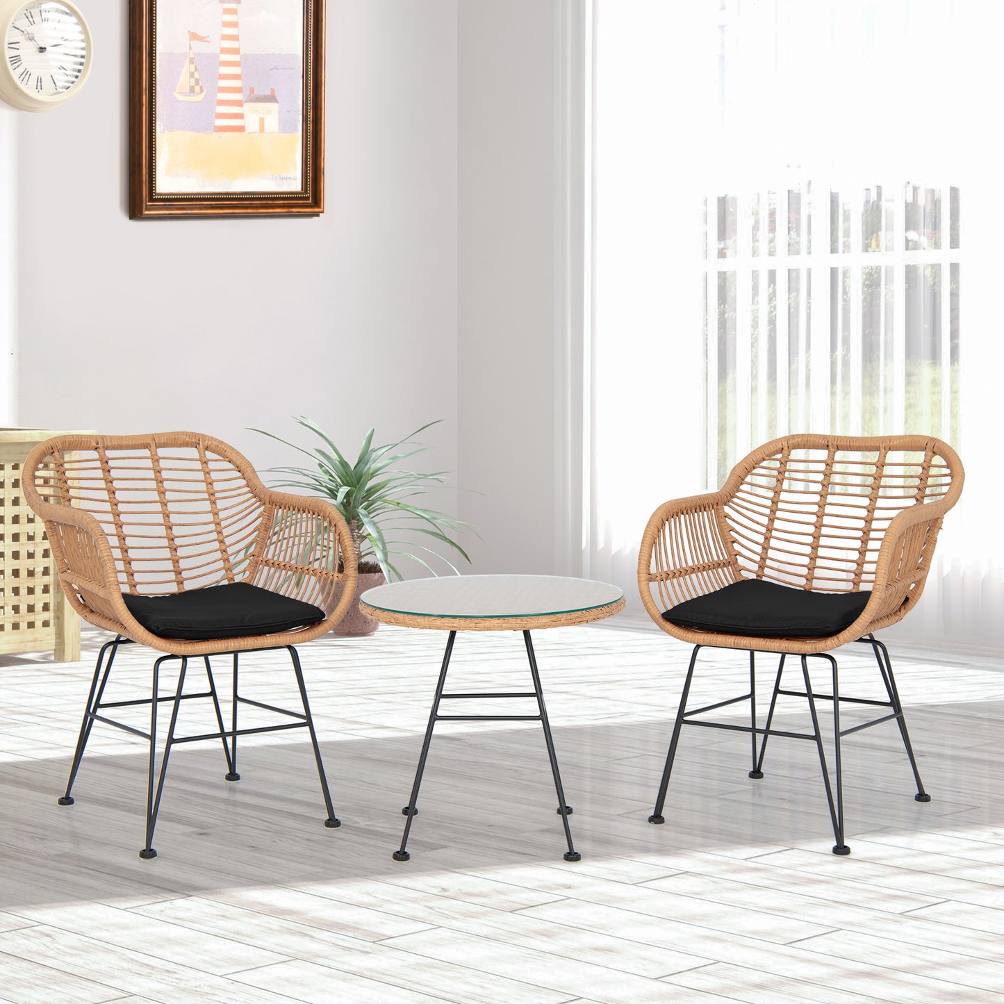  3 Piece Patio Rattan Set with 2 Cushioned Chairs and Tempered Glass Table-Black