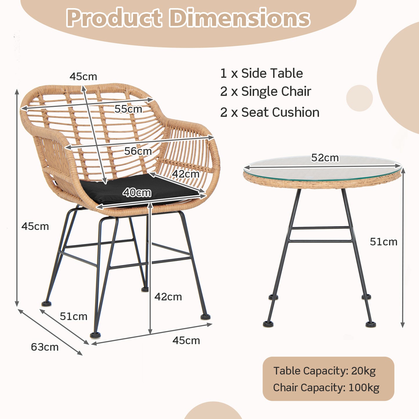  3 Piece Patio Rattan Set with 2 Cushioned Chairs and Tempered Glass Table-Black