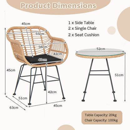  3 Piece Patio Rattan Set with 2 Cushioned Chairs and Tempered Glass Table-Black