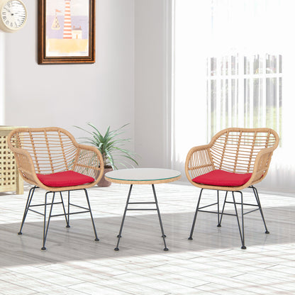  3 Piece Patio Rattan Set with 2 Cushioned Chairs and Tempered Glass Table-Red
