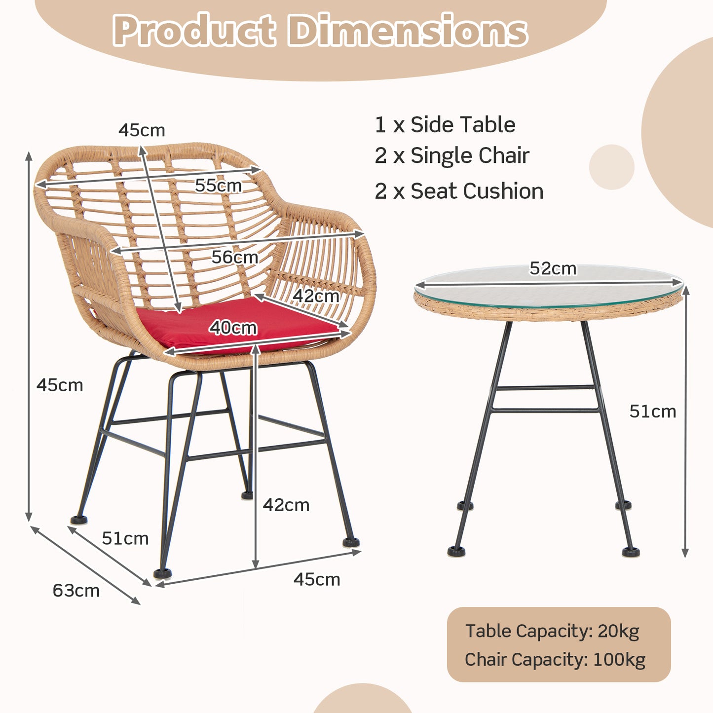  3 Piece Patio Rattan Set with 2 Cushioned Chairs and Tempered Glass Table-Red