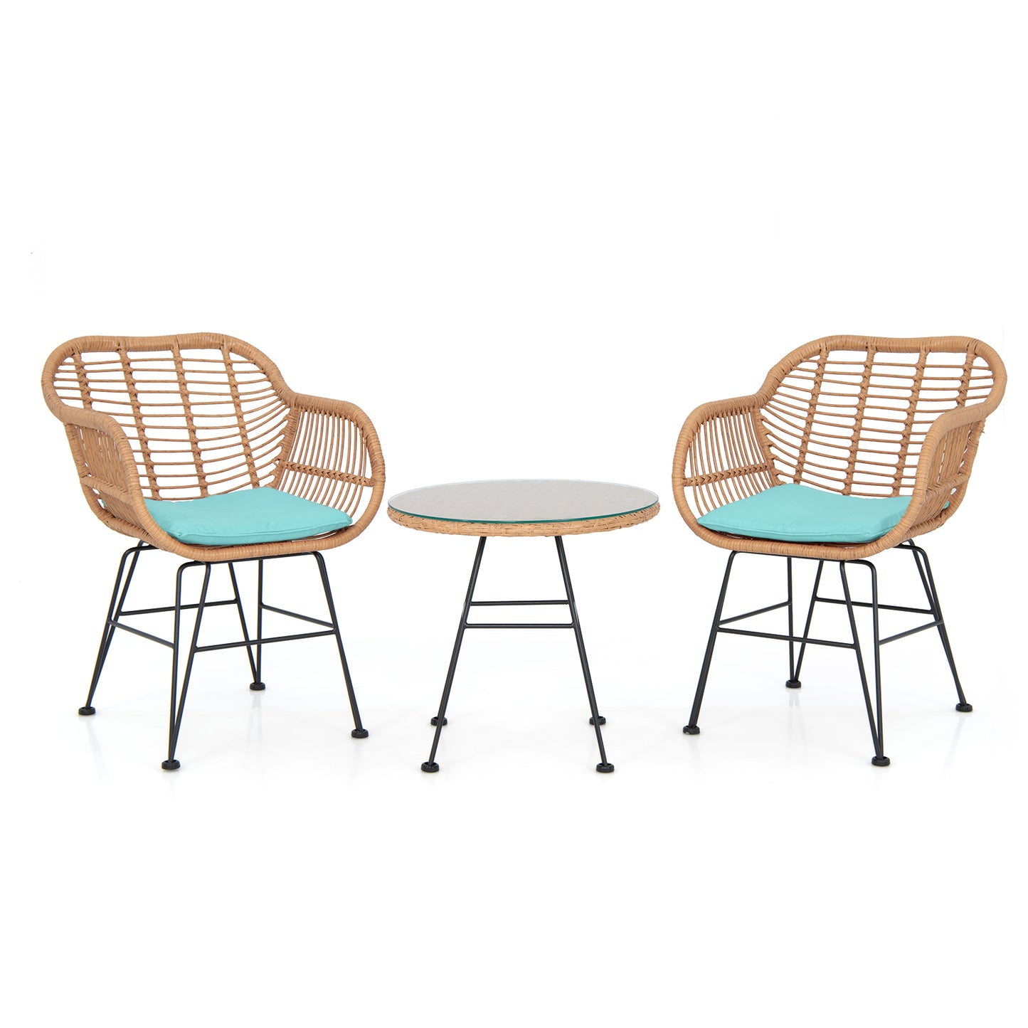  3 Piece Patio Rattan Set with 2 Cushioned Chairs and Tempered Glass Table-Turpuoise