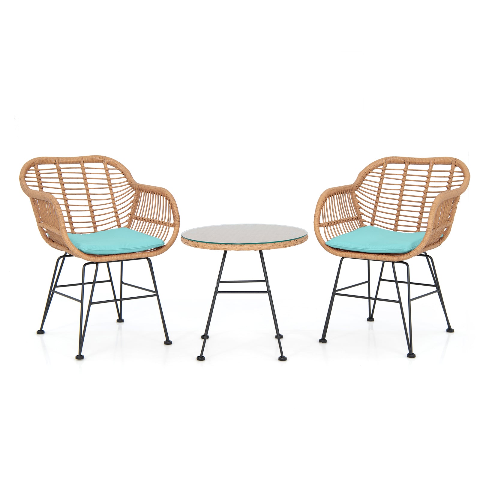 3 Piece Patio Rattan Set with 2 Cushioned Chairs and Tempered Glass Table-Turpuoise
