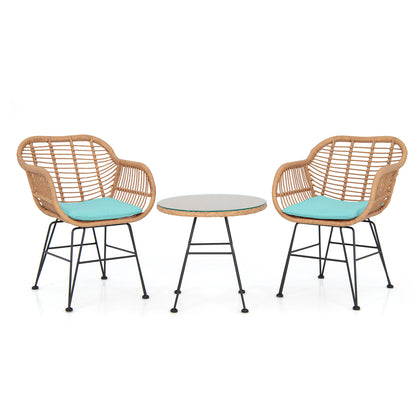  3 Piece Patio Rattan Set with 2 Cushioned Chairs and Tempered Glass Table-Turpuoise