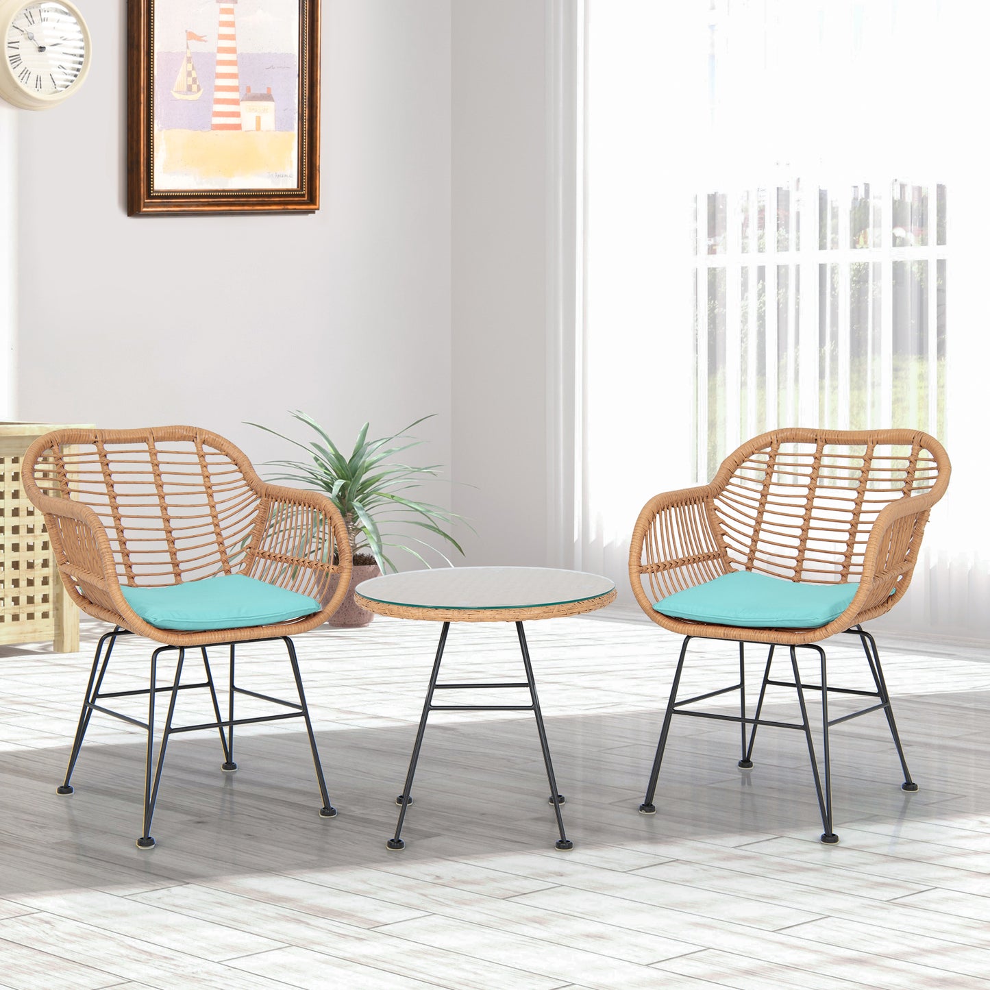  3 Piece Patio Rattan Set with 2 Cushioned Chairs and Tempered Glass Table-Turpuoise