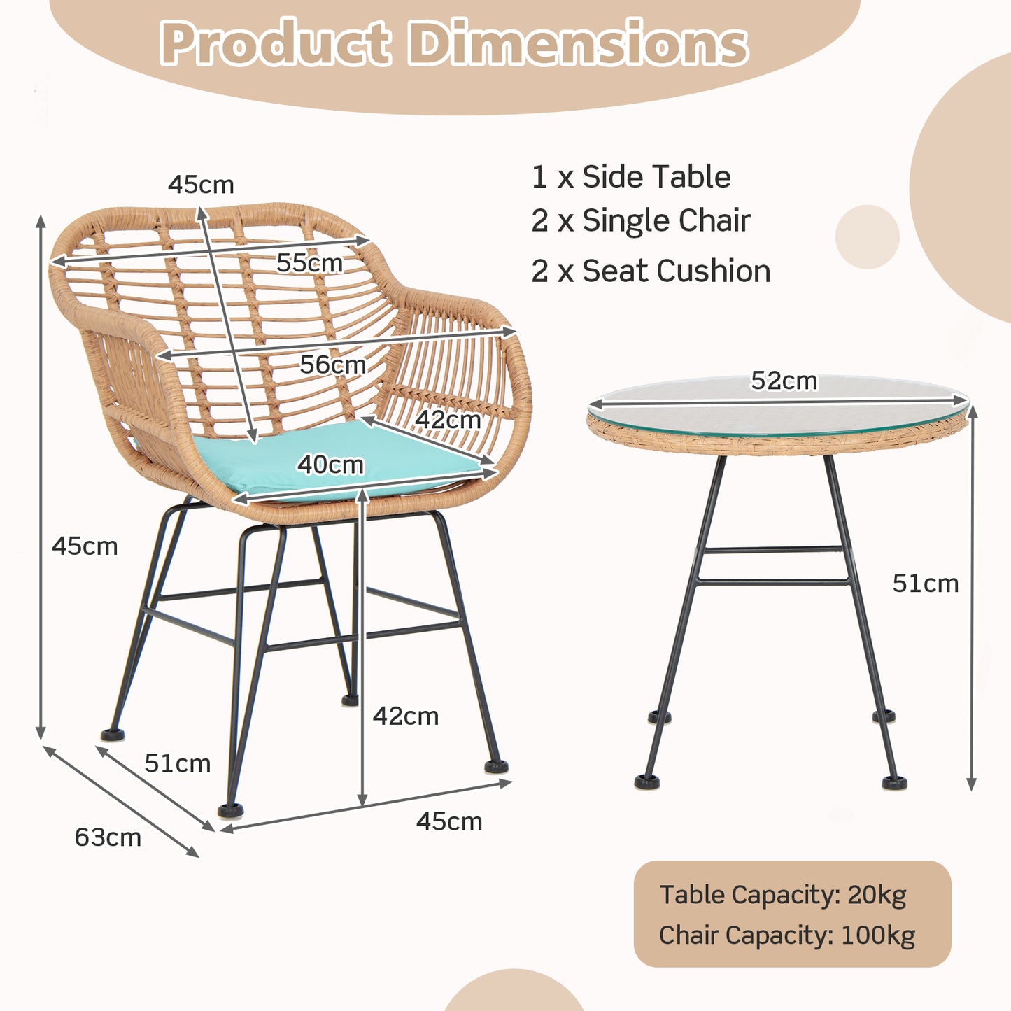  3 Piece Patio Rattan Set with 2 Cushioned Chairs and Tempered Glass Table-Turpuoise