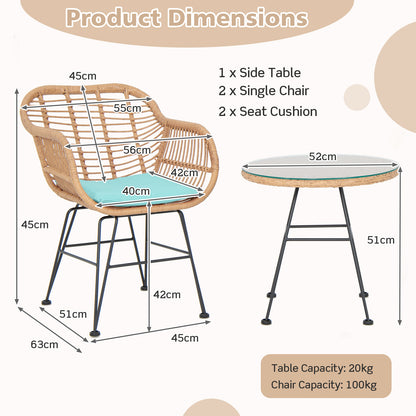  3 Piece Patio Rattan Set with 2 Cushioned Chairs and Tempered Glass Table-Turpuoise